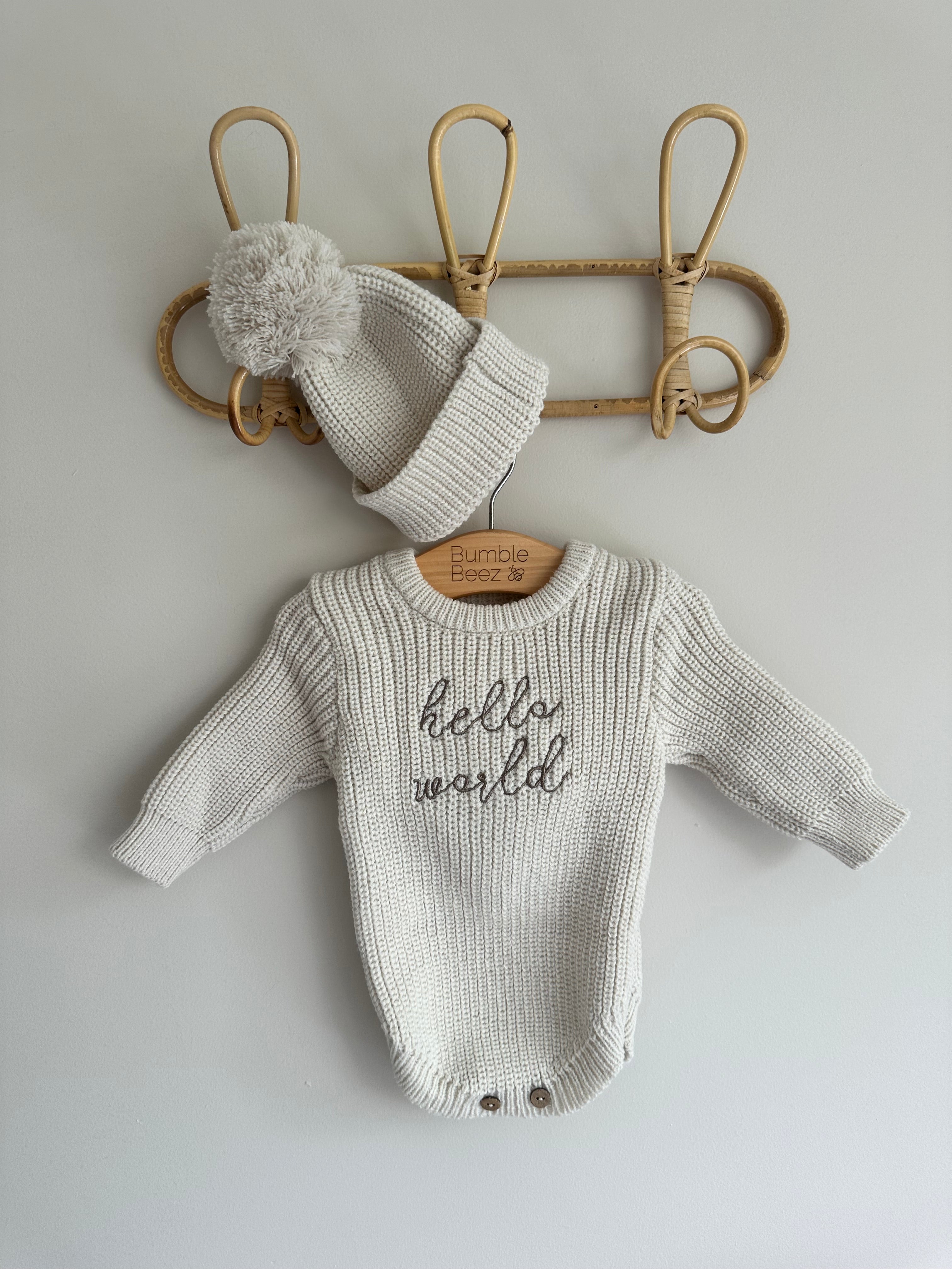 Hello World Knitted Romper & Hat Set | Baby Gift