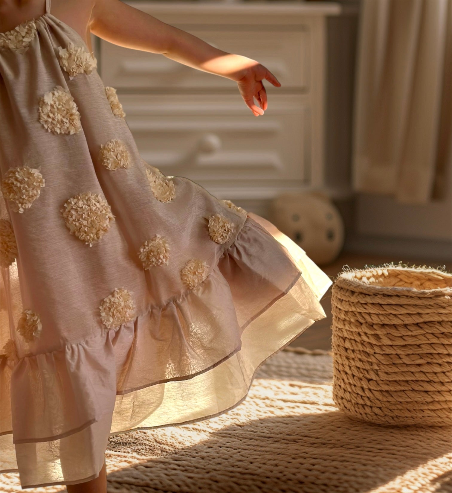 Blush pink halter neck dress with 3D floral design, perfect for girls' adventures and parties.