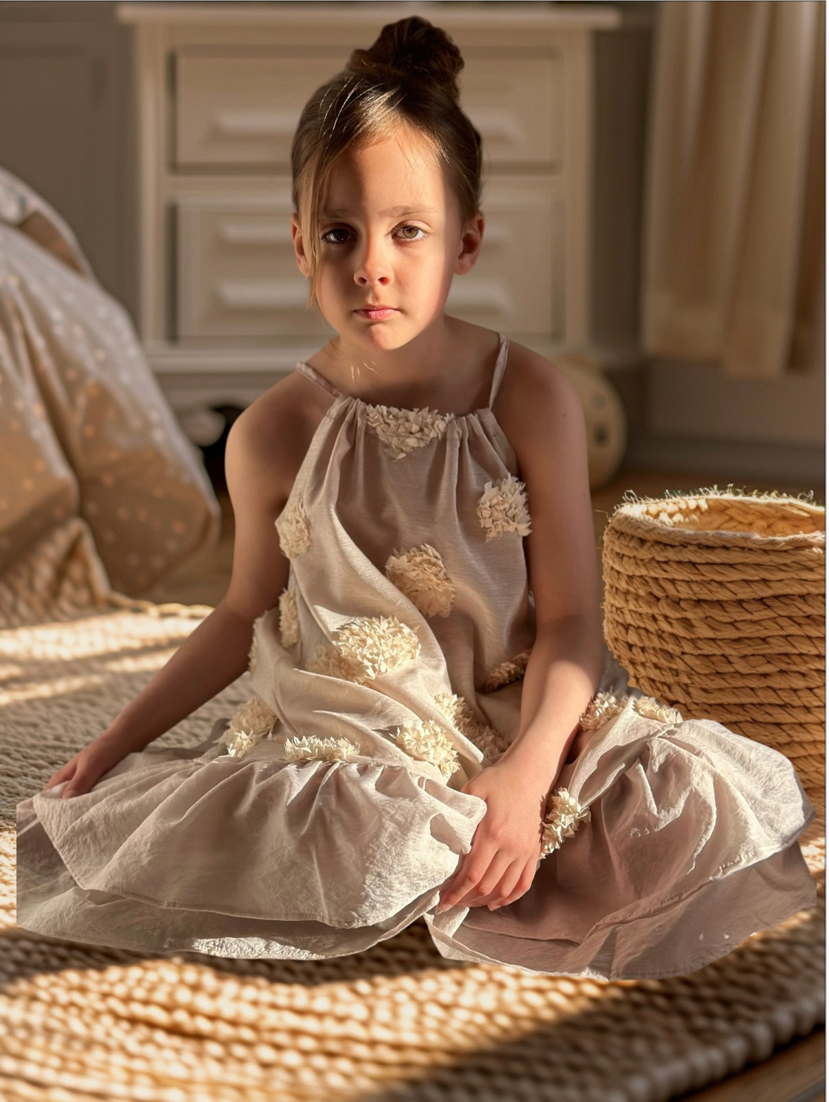 Blush pink halter neck Matilda Dress with 3D floral design for girls.