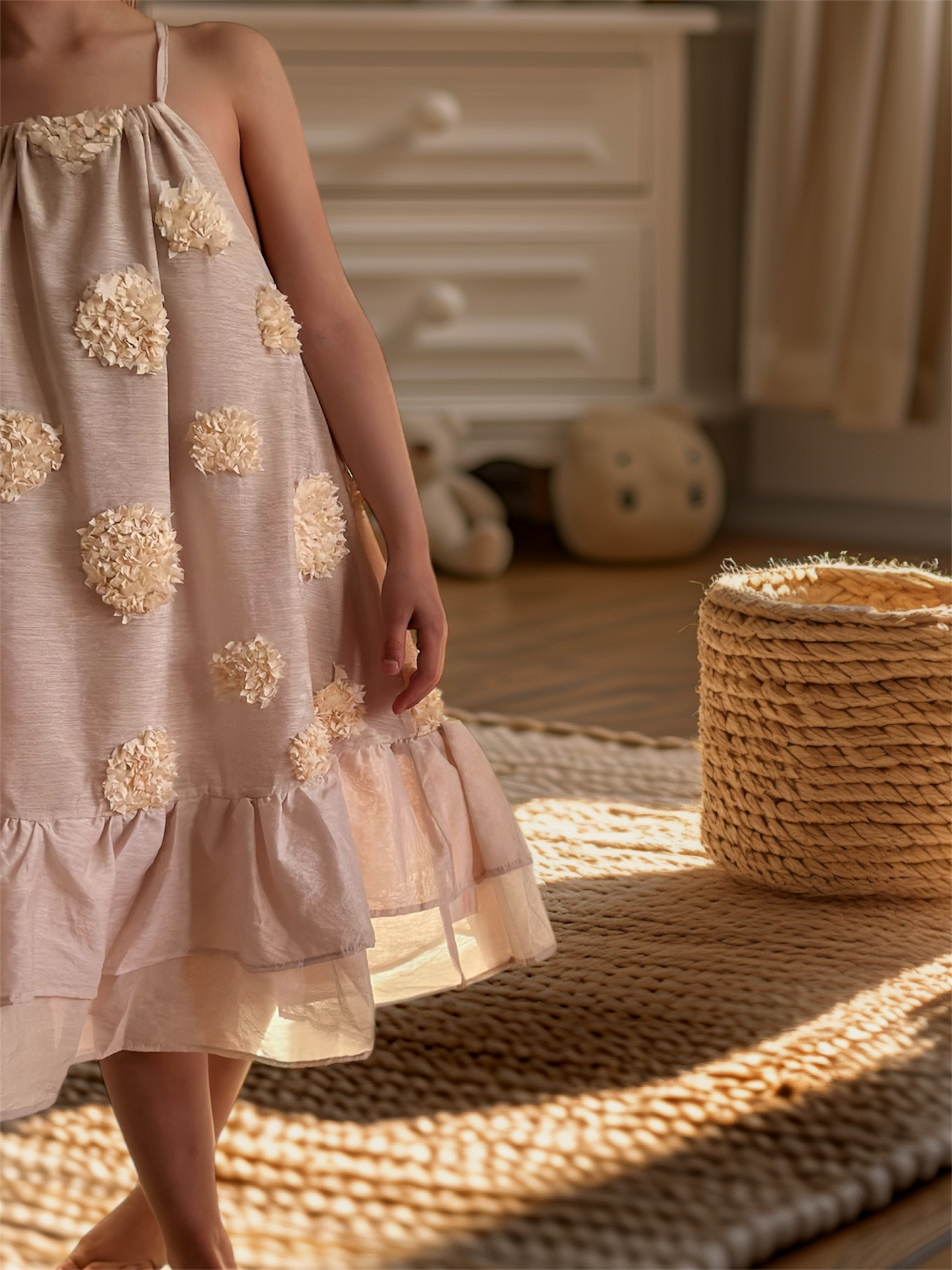 The Matilda Dress, blush pink halter neck with 3D floral design, perfect for girls' adventures.