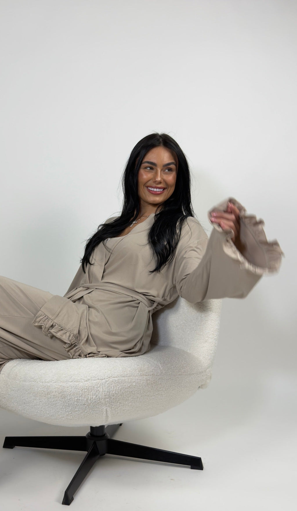 Cinereous Luxe Lounge Set women's robe and trousers with frill trim and embroidered bee logo in soft bamboo-cotton blend