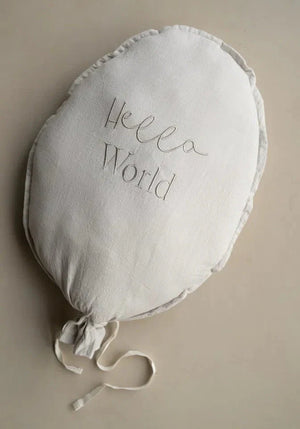 Ivory Hello World Balloon Cushion with embroidered text and bow tie nursery decor pillow