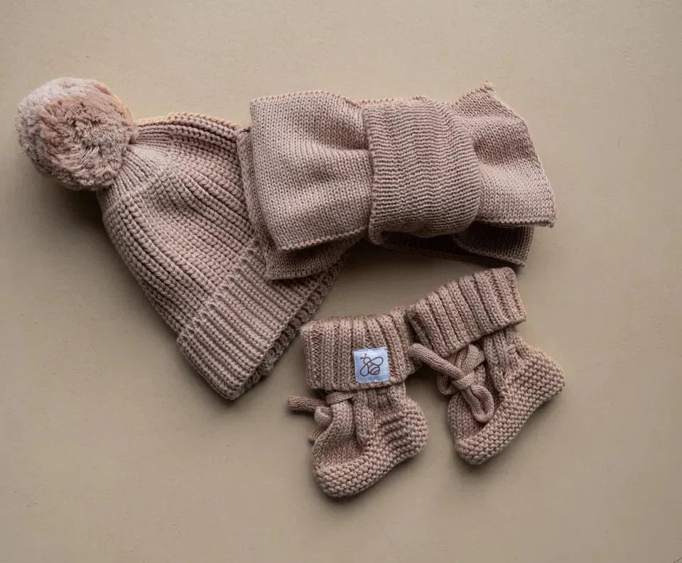 Little Knits Set newborn hat and booties in soft cocoa cotton knit