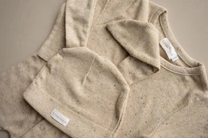 The Bunny Sprinkle Set oatmeal baby romper and hat with floppy ears in ribbed cotton blend